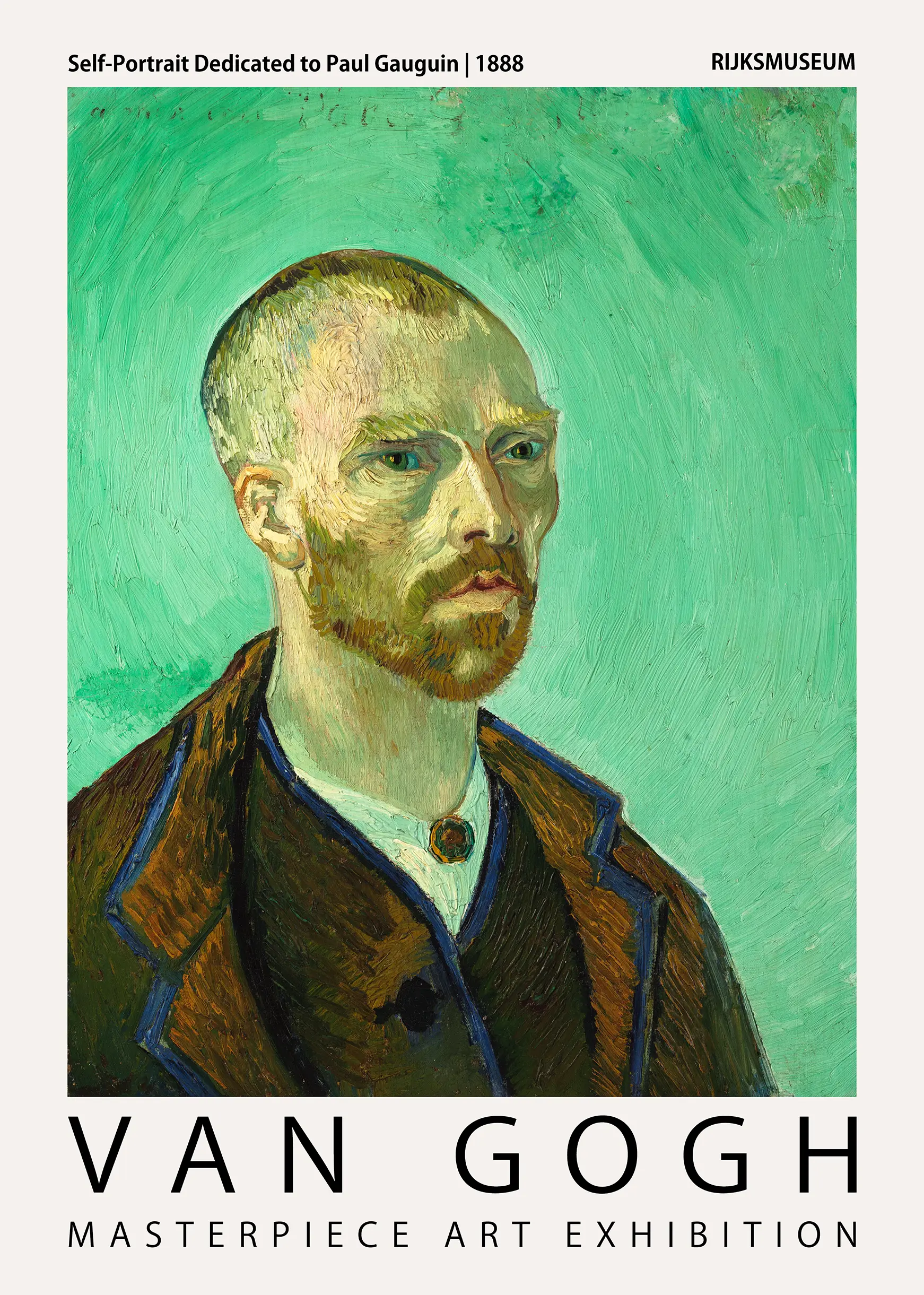 Van Gogh self-portrait poster showing the artist with a green background and brown jacket in thick oil paint style.