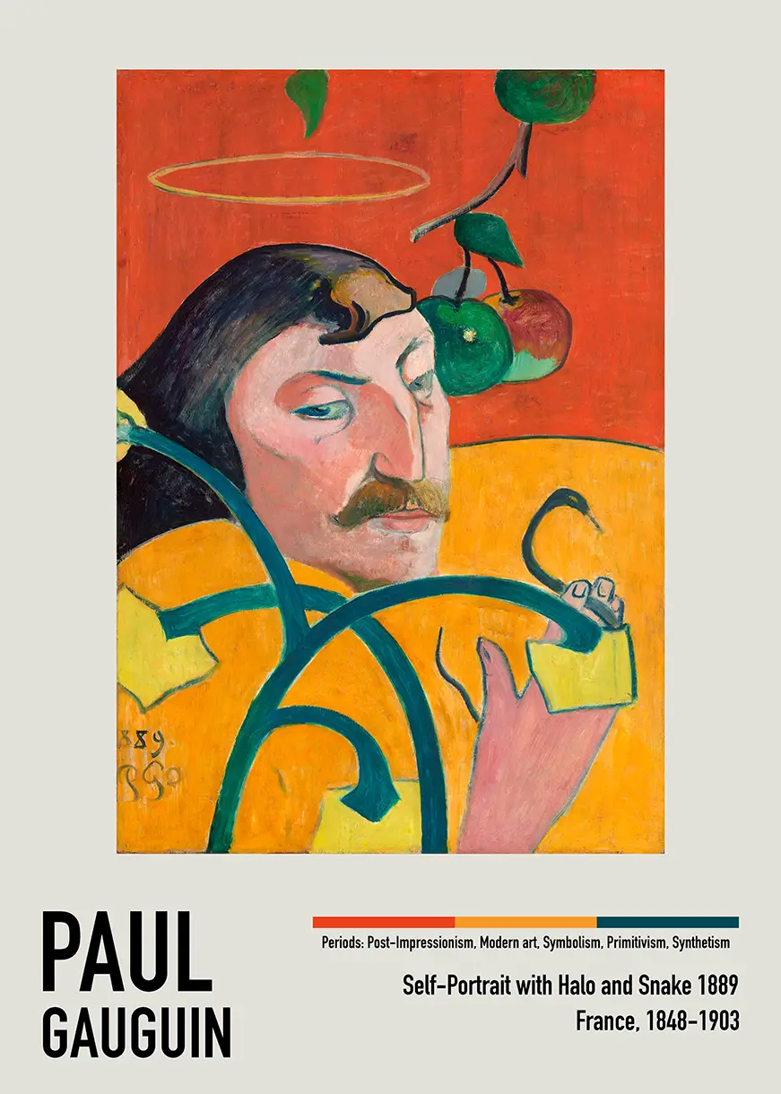 Paul Gauguin self-portrait from 1889 with a halo, snake, and apples in Symbolist style with red and yellow backgrounds.