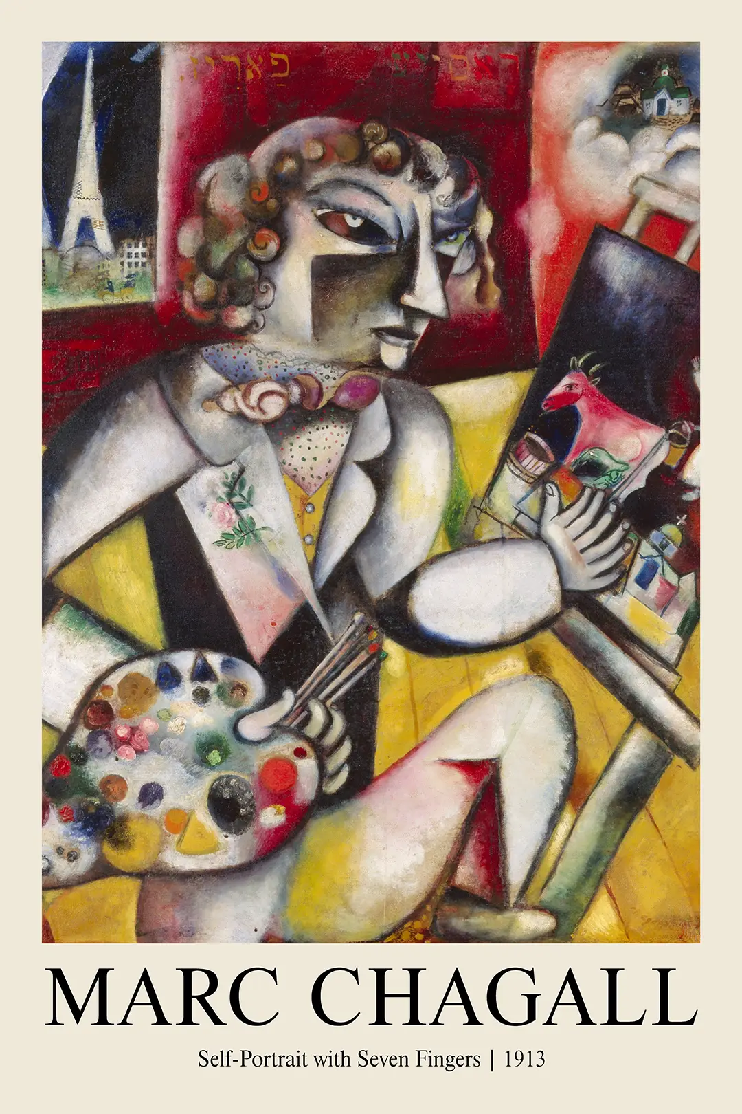 Marc Chagall Print - Self-Portrait With Seven Fingers 1913 Wall Art Marc Chagall Print Showing The 1913 Self-Portrait With Seven Fingers, Artist At Easel, Eiffel Tower Window View.