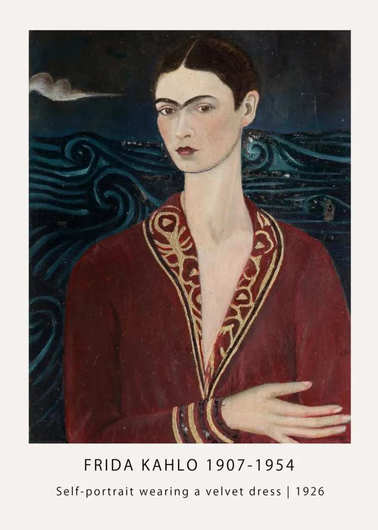 Self Wearing Velvet Dress — this 1926 fine art print features Frida Kahlo in a deep wine-red velvet