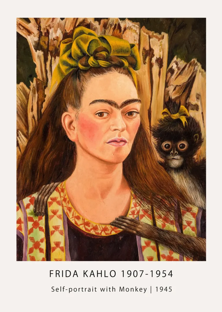 Self Monkey — focused portrait of Frida Kahlo in a patterned dress and yellow bow
