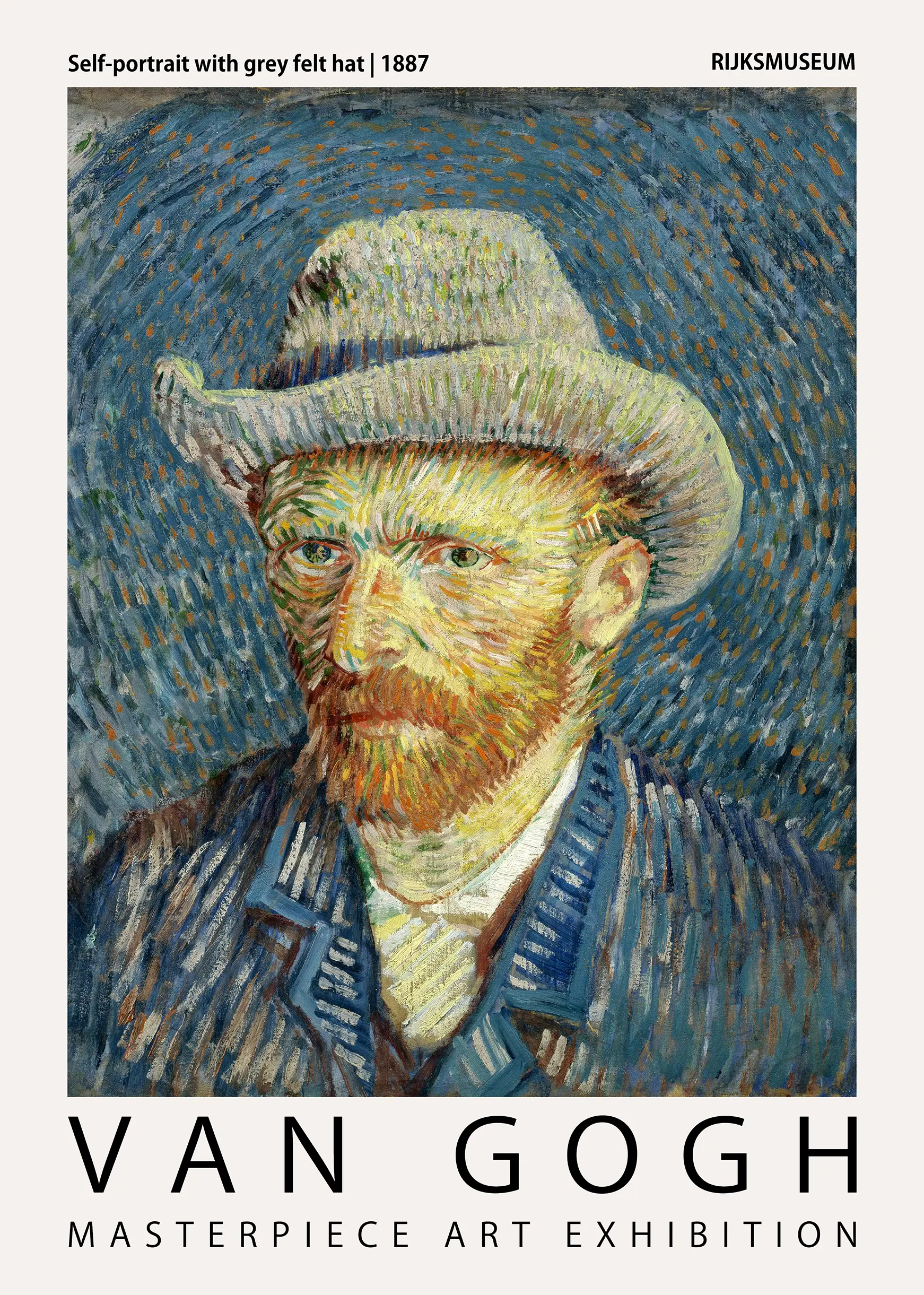 Authentic Van Gogh Self-Portrait - 1887 Rijksmuseum Poster Print Van Gogh Self-Portrait In A Grey Felt Hat With Blue Swirling Background 1887 Exhibition Poster.