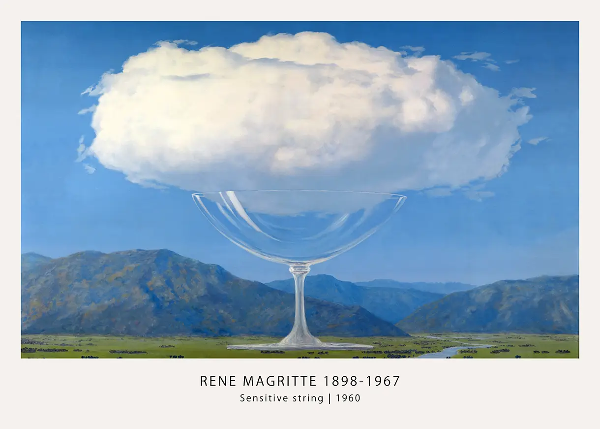 Authentic Rene Magritte Cloud Poster - La Corde Sensible Wall Art Rene Magritte Cloud Poster Featuring A Cloud In A Champagne Glass Against A Mountain Landscape Background.