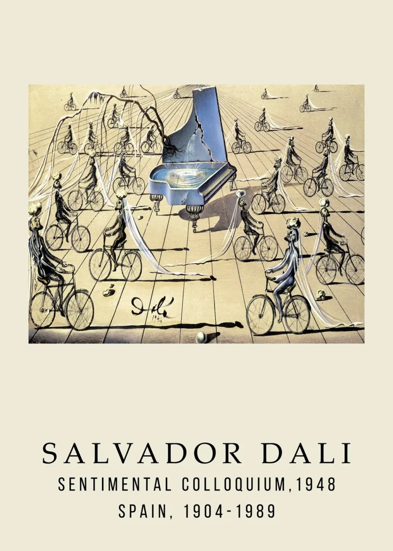 Salvador Dali Sentimental Colloquium — surreal 1948 landscape featuring cyclists with flowing white veils