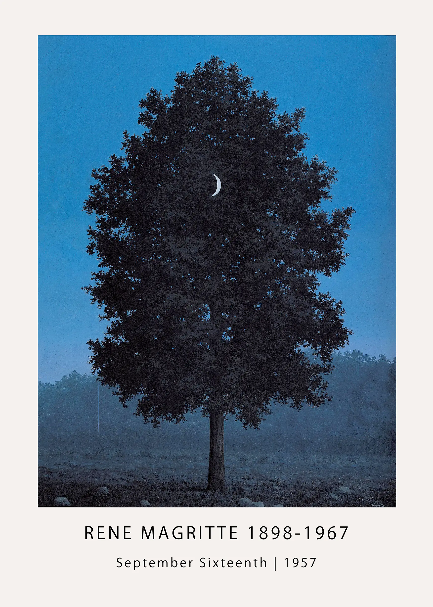 Rene Magritte Poster - September Sixteenth 1957 Surrealist Wall Art Rene Magritte Poster Depicting A Dark Tree At Dusk With A Crescent Moon Inside The Leaves On Museum-Grade Matte Paper.