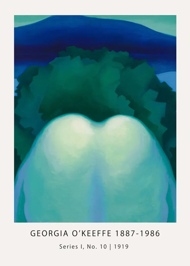 Georgia O'Keeffe print titled Series I No 10 showing abstract blue and green organic forms with teal mountain horizon.