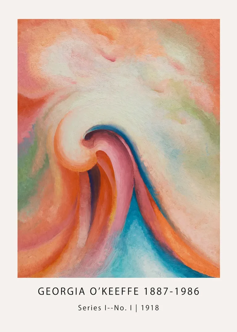Georgia O'Keeffe print Series I No I 1918 featuring swirling abstract shapes in pink, orange, and blue oil paint textures.