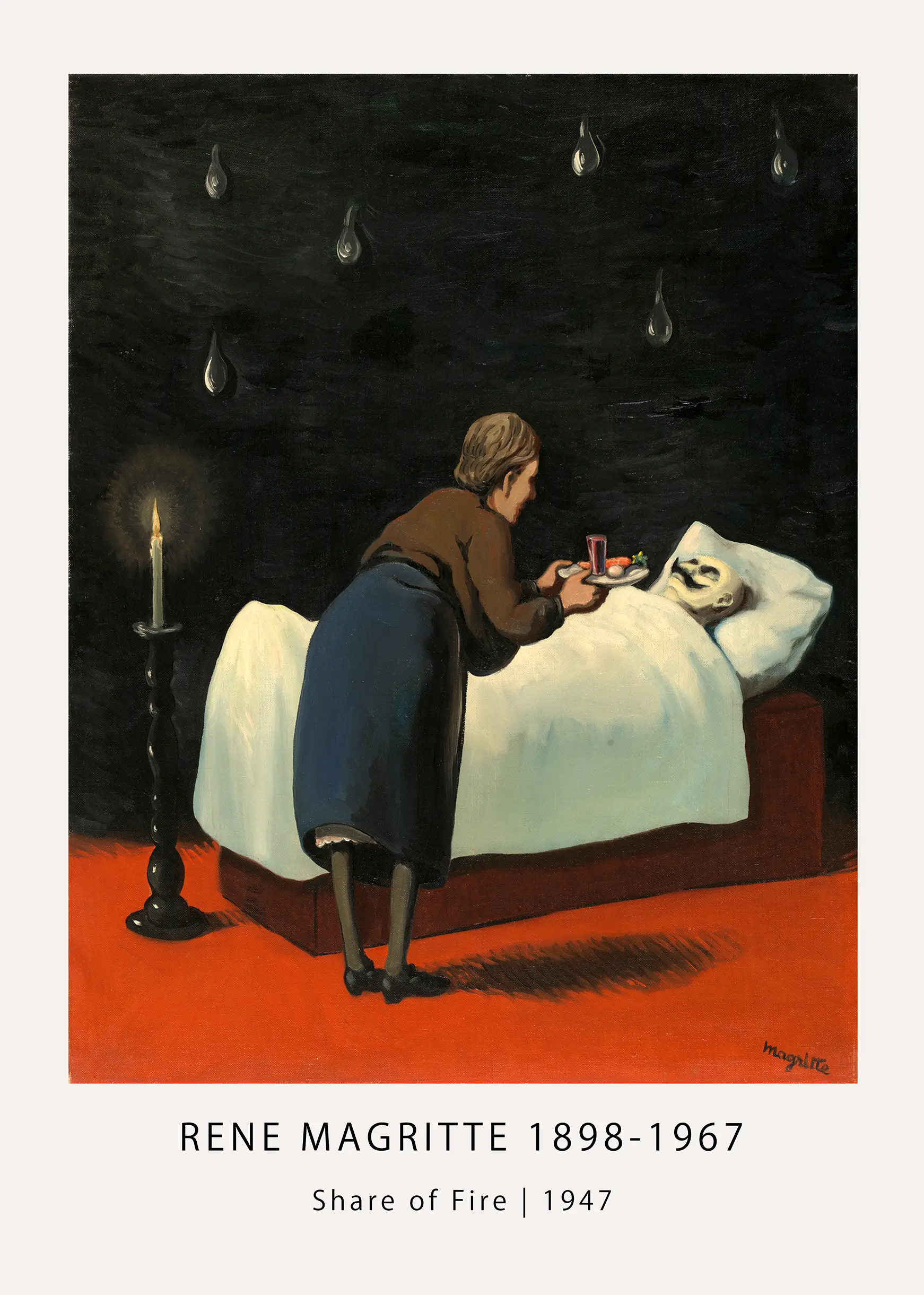 Authentic Rene Magritte Print - Share Of Fire 1947 Surrealist Wall Art Rene Magritte Print Showing A Woman Serving A Skeletal Figure In Bed With Floating Drops And A Single Candle.