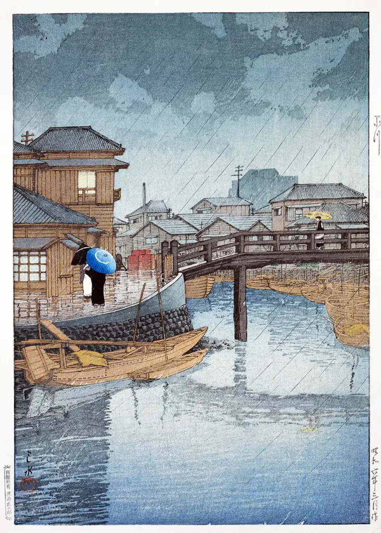 Shinagawa Kawase Hasui Woodblock — serene 1931 Japanese woodblock scene of Shinagawa in the rain featuring