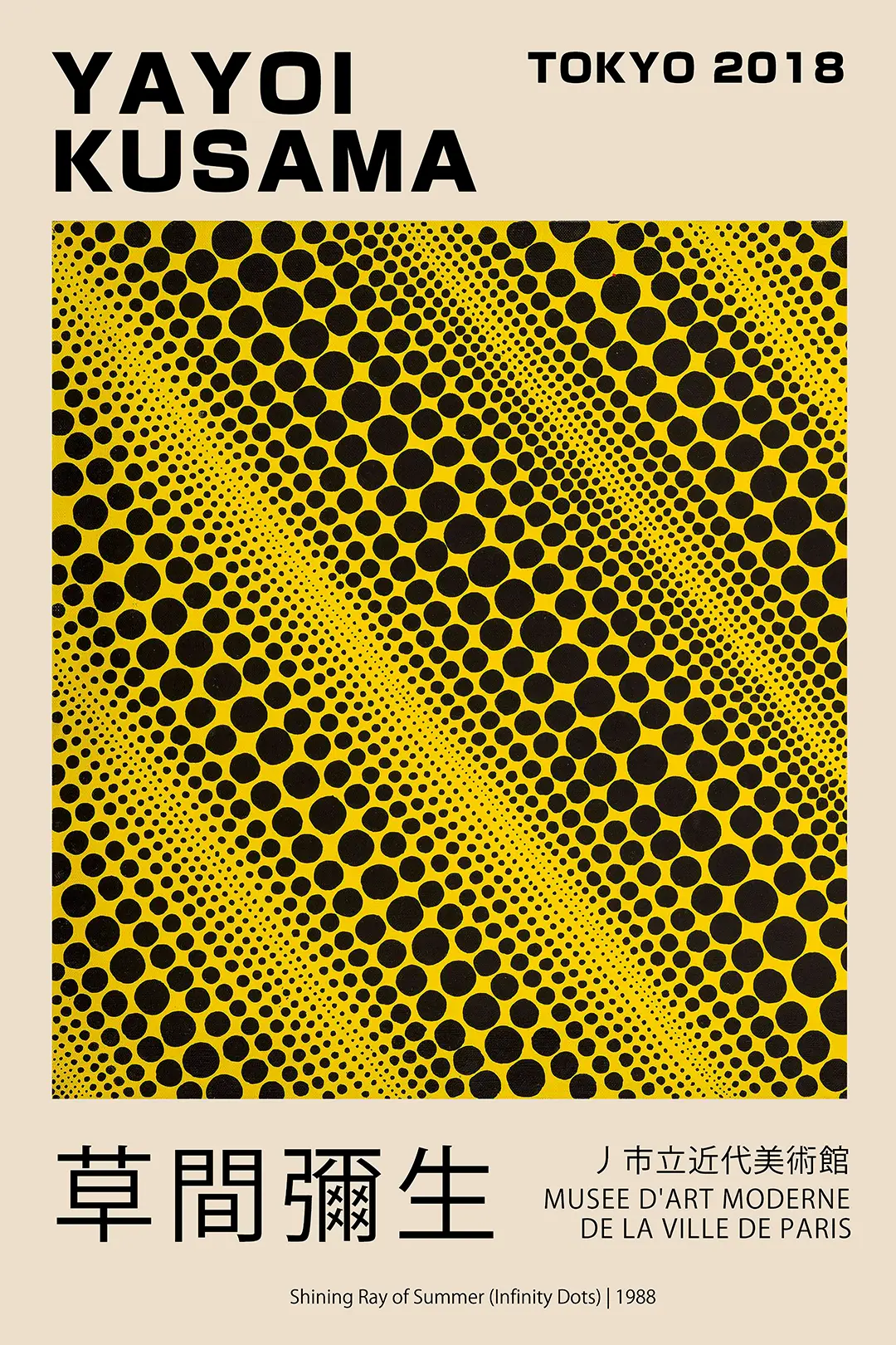Authentic Yayoi Kusama Poster - Shining Ray Of Summer Infinity Dots Print Yayoi Kusama Poster Featuring Black Infinity Dots On A Yellow Background For The 1988 Shining Ray Of Summer Exhibition.