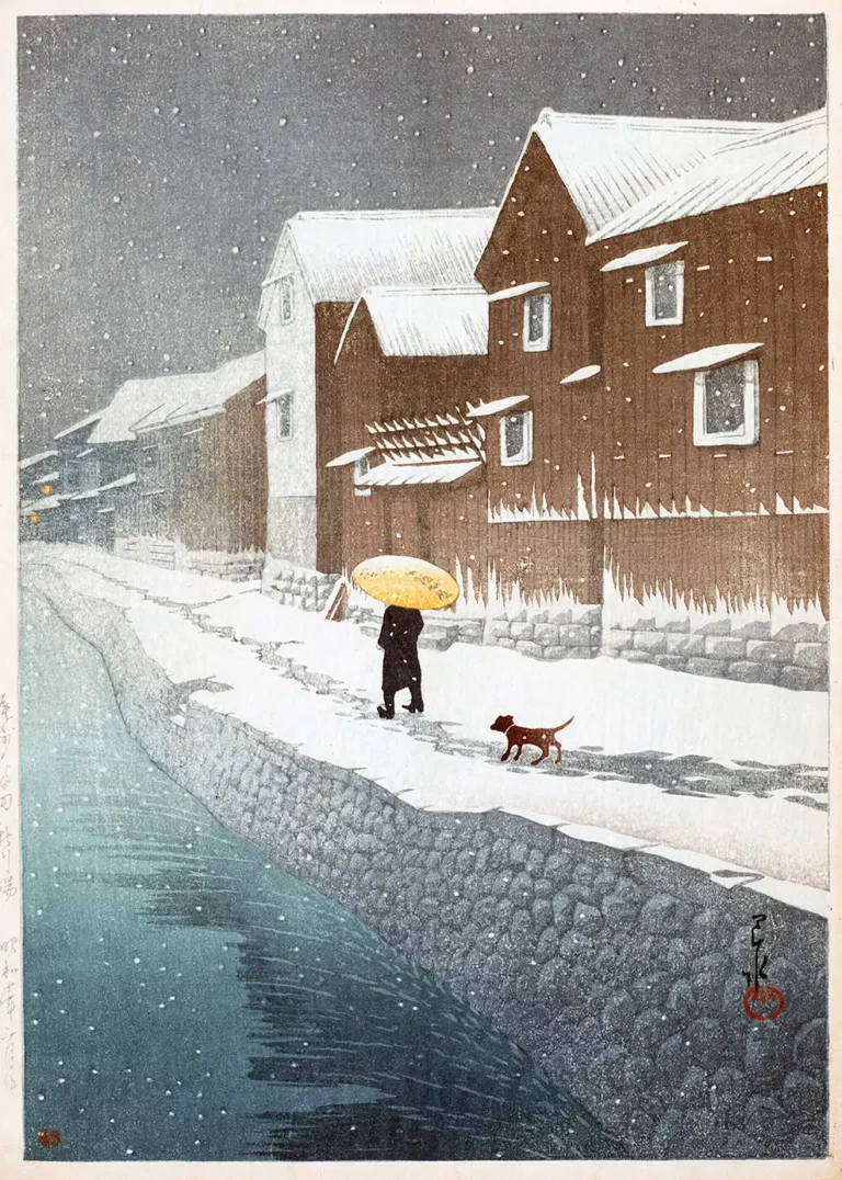 Handa Shinkawabata Snow — serene winter woodblock scene of Shinkawabata at Handa in Owari