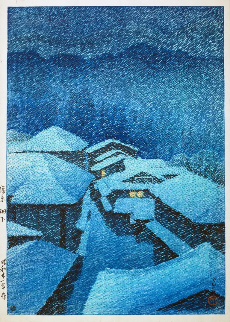 Shiobara Hataori Snowy Night — serene woodblock print depicting the snow-covered roofs of Shiobara