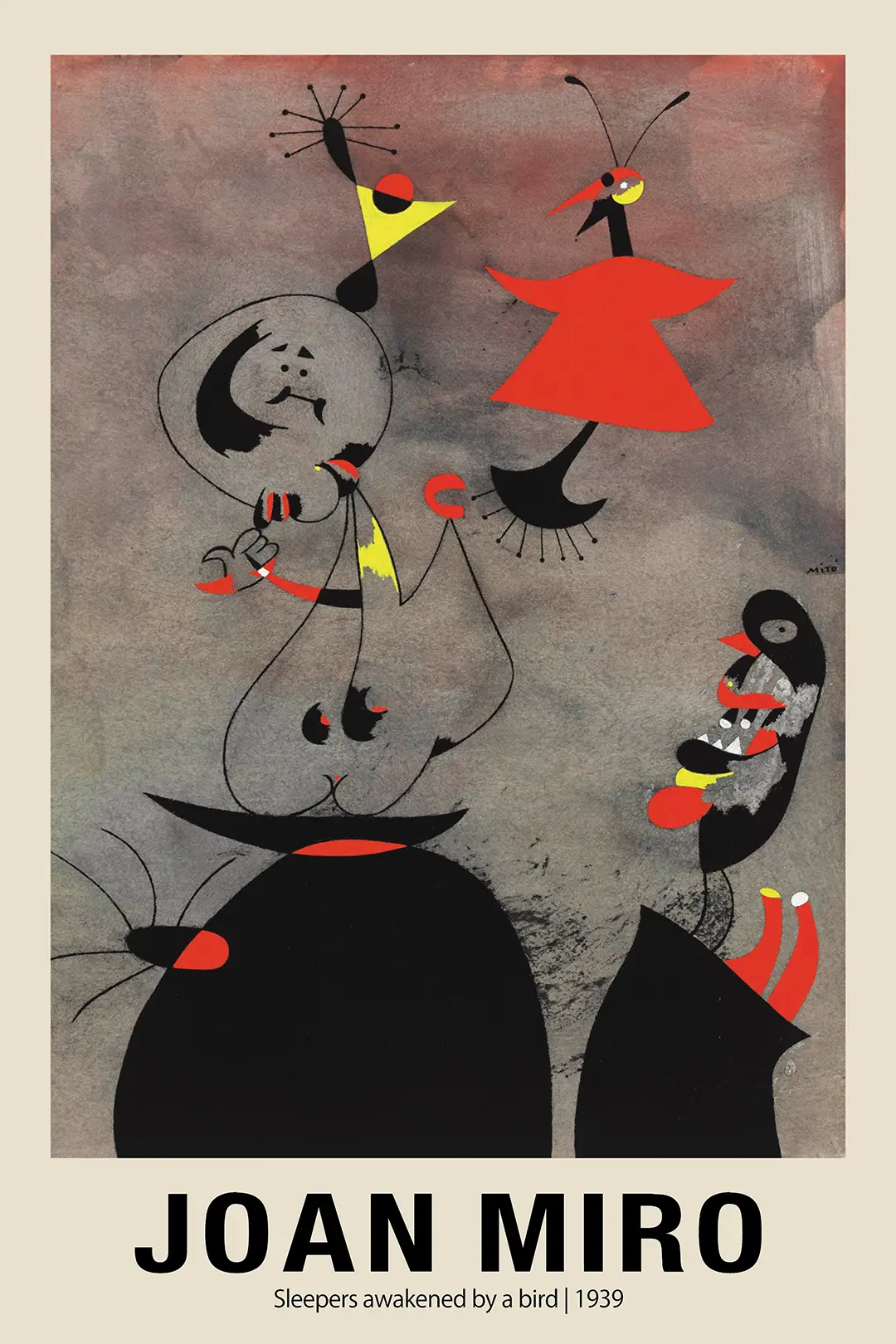 Authentic Joan Miro Print - Sleepers Awakened By A Bird 1939 Wall Art Joan Miro Print Depicting Sleepers Awakened By A Bird 1939 With Red, Yellow, And Black Surrealist Shapes On Gray Background.
