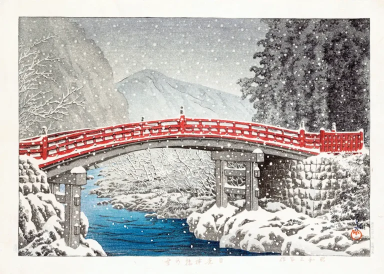 Nikko Snow Bridge — vibrant red Shinkyo Bridge stands over icy blue waters in this winter