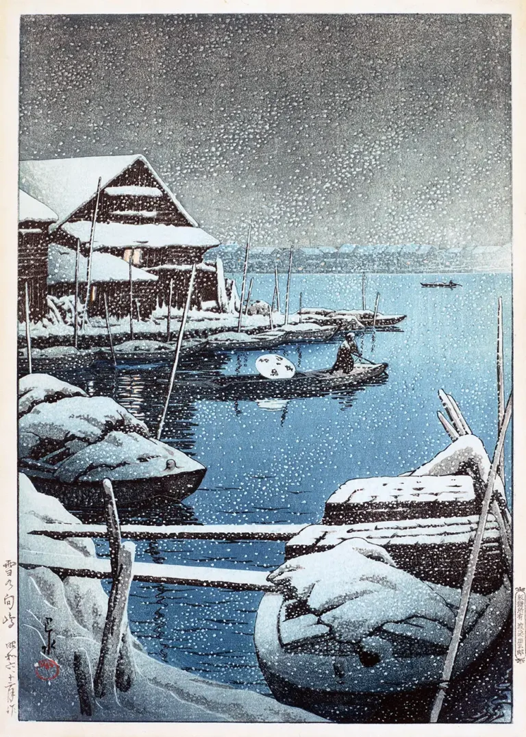 Snow Mukojima Kawase Hasui — serene Japanese woodblock print of Mukojima featuring a figure in a