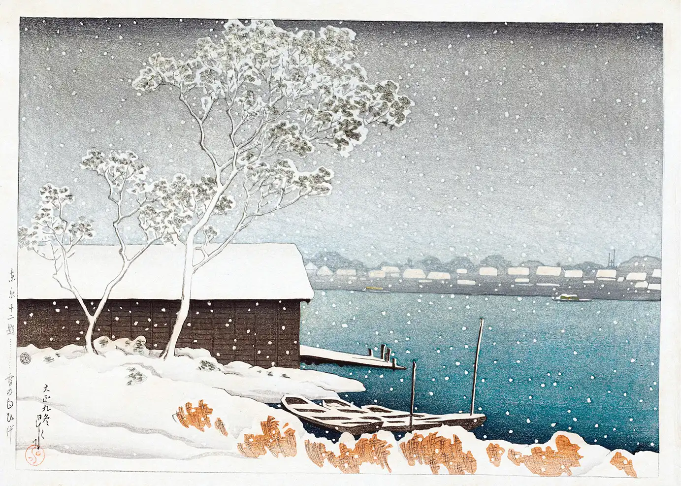 Hasui Shirahige Print - Classic 1920 Japanese Snow Scene Woodblock Art Hasui Shirahige Print Depicting A 1920 Japanese Winter River Scene With Snow-Covered Trees And A Dark Wooden Hut.