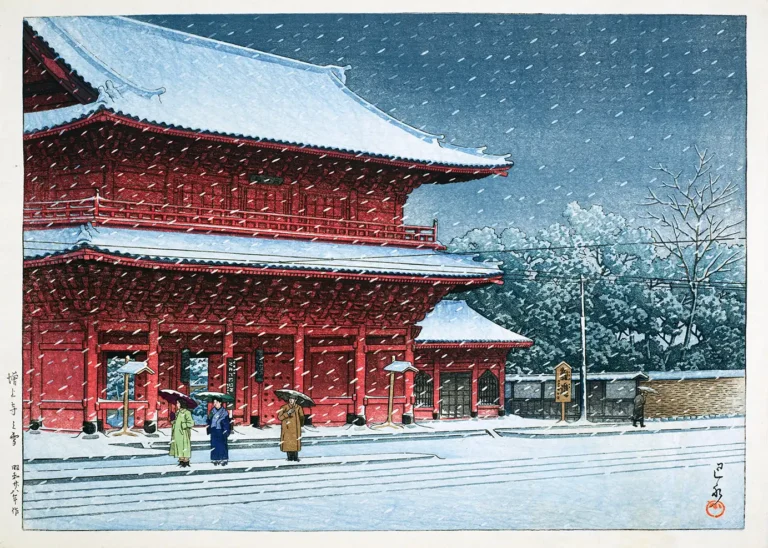 Snow Zojoji Temple — serene winter scene by Kawase Hasui depicting the vibrant red gate of