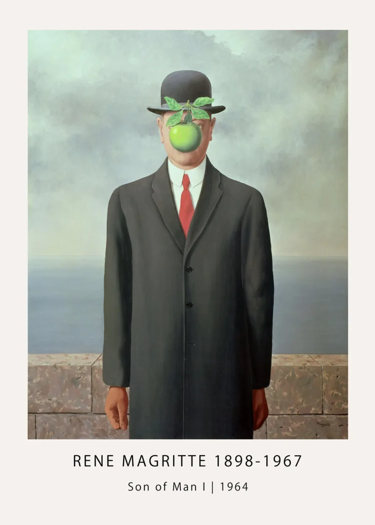 Son Man — son of Man poster with the bowler hat, green apple face cover, red tie