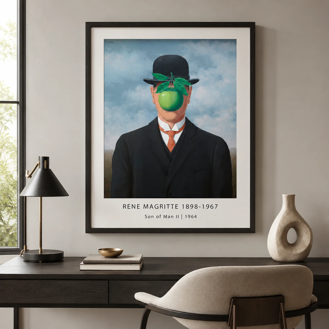 Son Man — son of Man print with a bowler-hatted figure, green apple face block