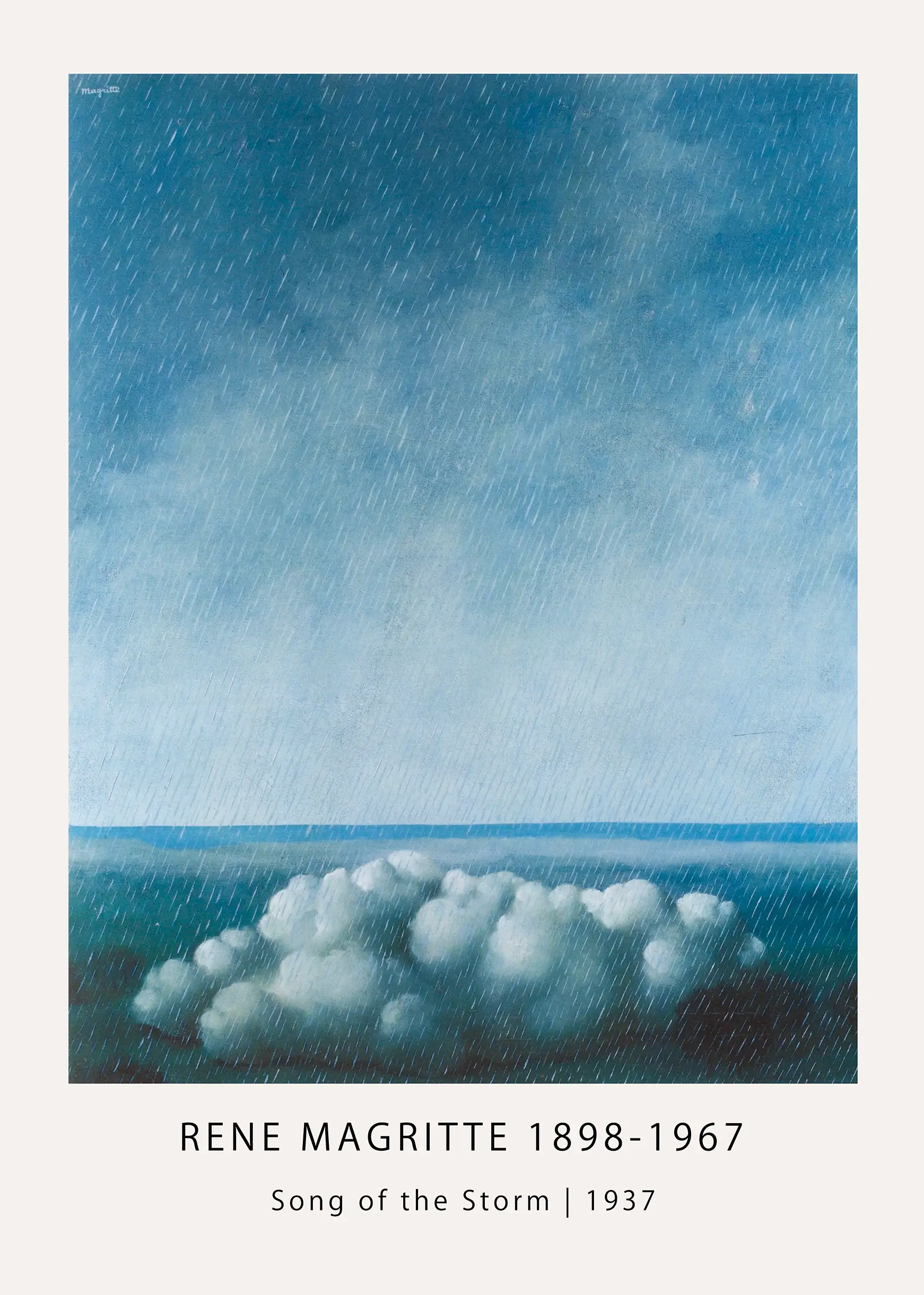 Rene Magritte Print - Song Of The Storm 1937 Surrealist Wall Art Rene Magritte Print Of Song Of The Storm 1937 Showing Rain Falling Over A White Cloud On Dark Ground With Blue Sky Above.