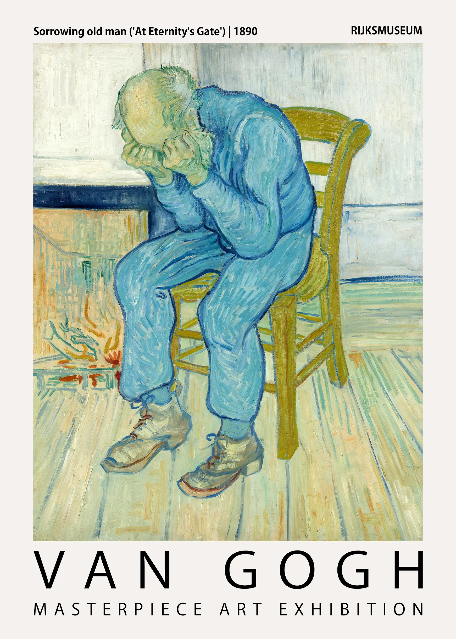 Classic Van Gogh At Eternity'S Gate - Rijksmuseum Exhibition Fine Art Poster Van Gogh At Eternity'S Gate Poster Showing An Elderly Man In A Blue Suit With His Head In His Hands On A Yellow Chair.