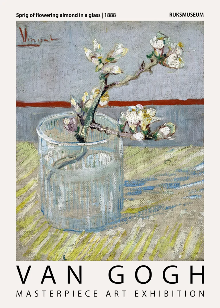 Van Gogh Sprig Flowering — delicate study of white almond blossoms in a simple glass, showcasing