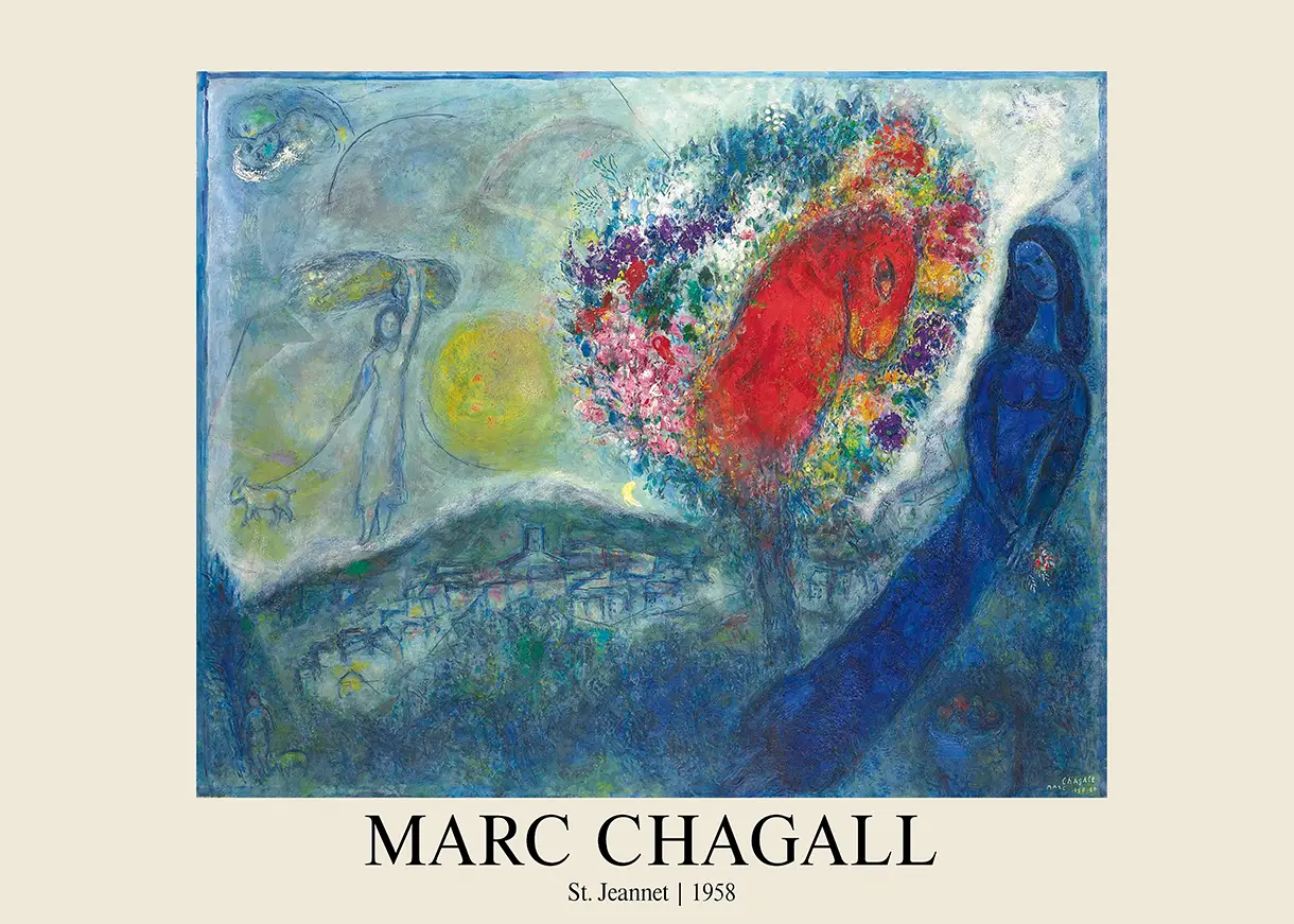 Marc Chagall wall art featuring a red horse, blue woman, and the village of St. Jeannet in a 1958 surrealist style.