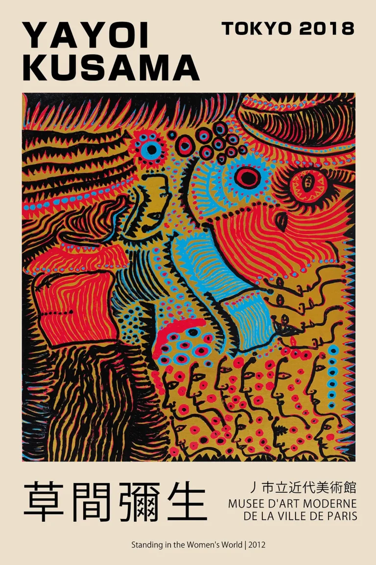 Standing Women's World Yayoi — features rhythmic profile faces and eye motifs in vibrant red and blue