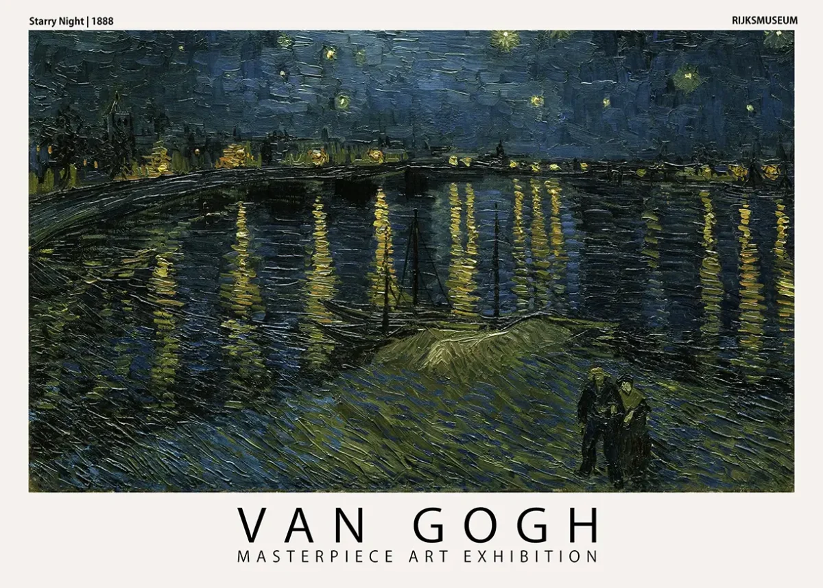 Van Gogh exhibition poster showing Starry Night Over the Rhone with yellow stars reflecting in dark blue water.
