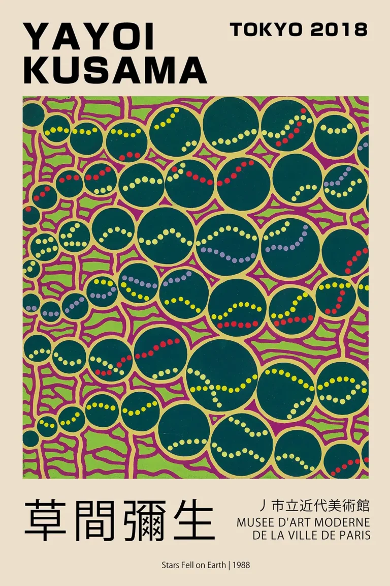 Yayoi Kusama Stars Fell — vibrant composition of dark green orbs containing colorful dotted paths