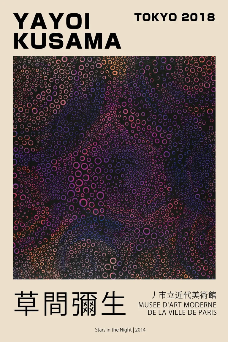 Yayoi Kusama Stars Night — vibrant abstract composition featuring a dense field of multi-colored