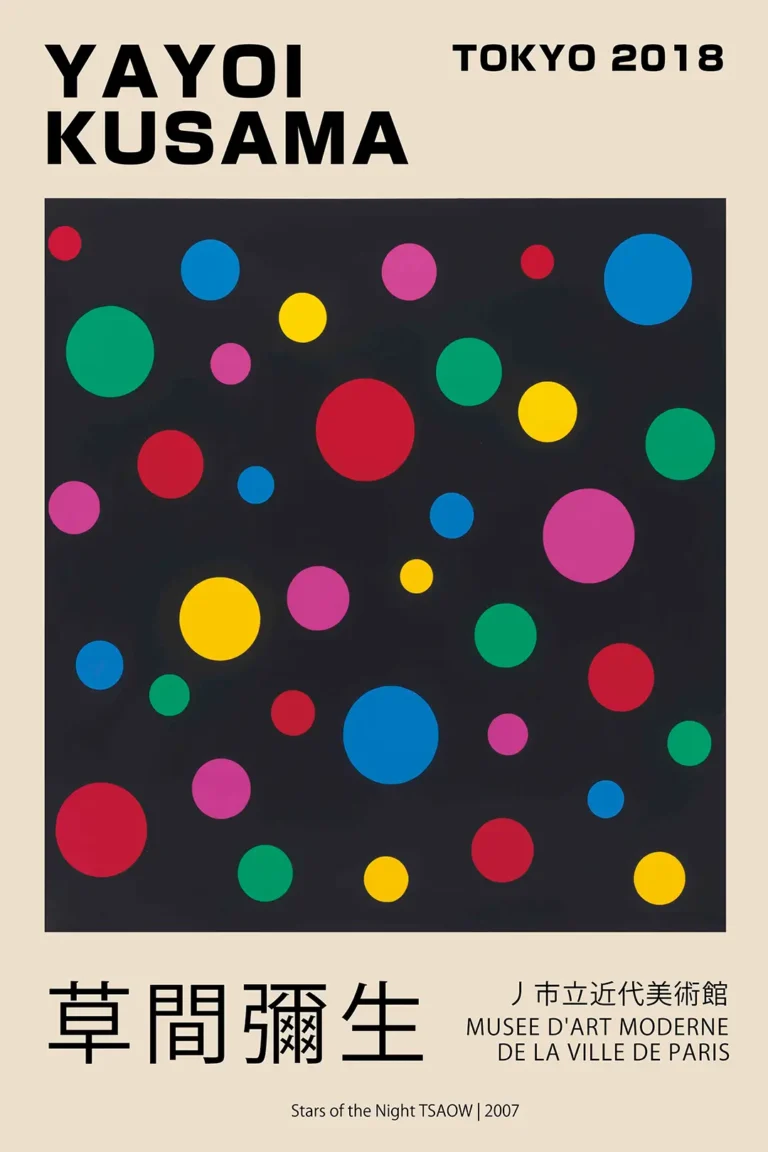 Yayoi Kusama Stars Night — vibrant modern art print featuring colorful polka dots on a deep black
