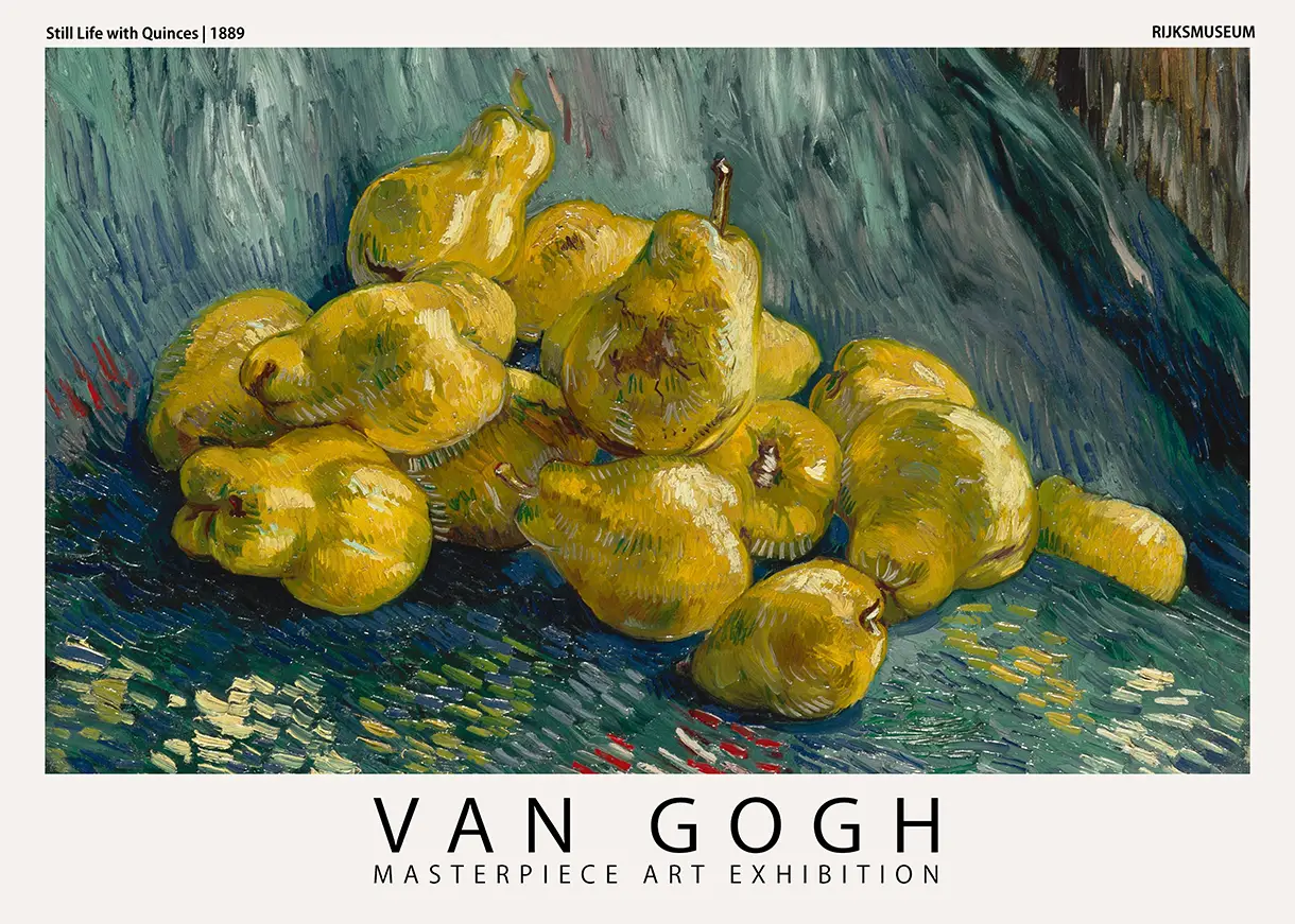 Van Gogh Quinces Poster showing yellow fruit on a blue background with artist name and 1889 still life exhibition text.