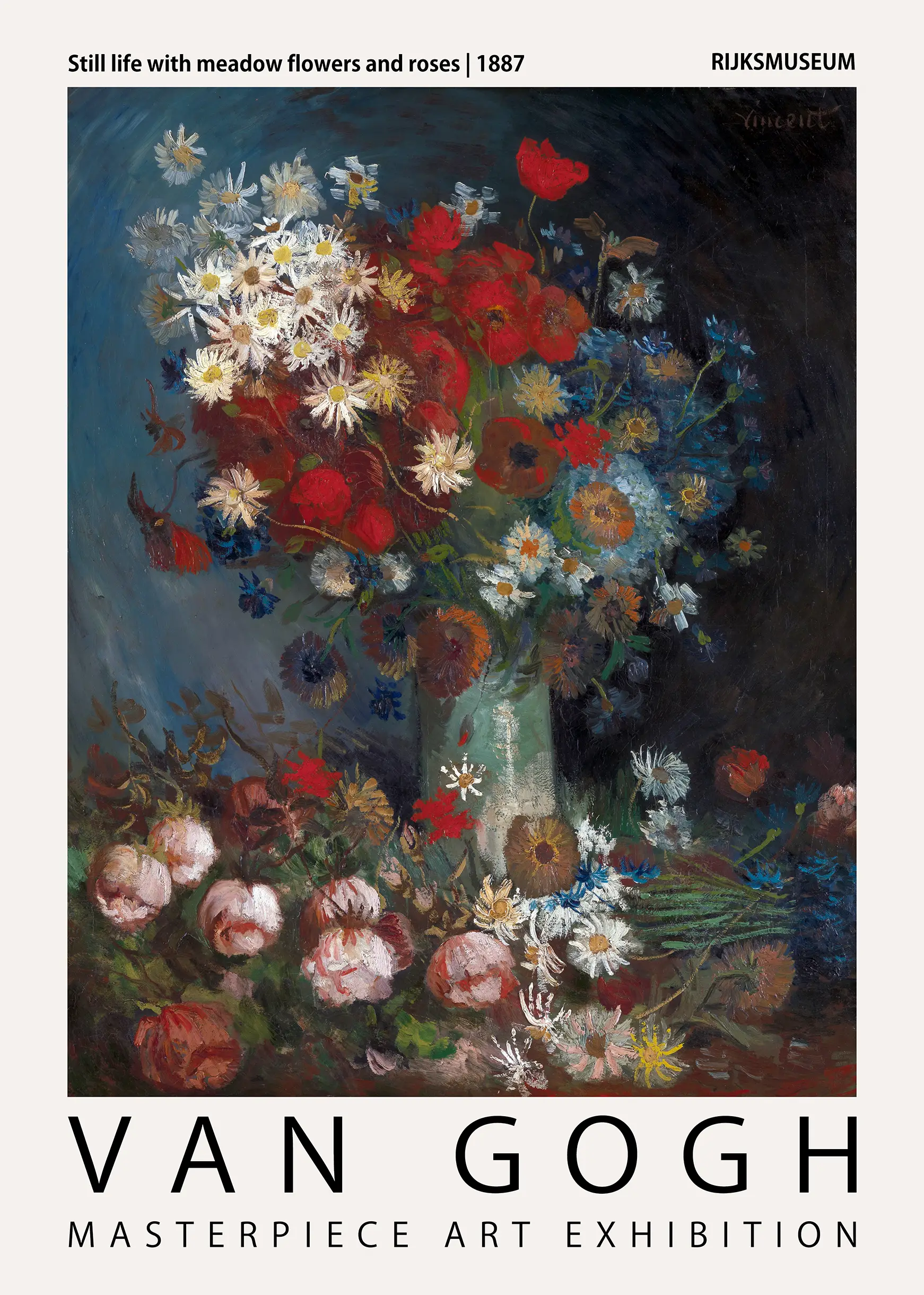Van Gogh Flower Art - Still Life Meadow Flowers And Roses 1887 Print Van Gogh Flower Art Print Featuring Red Poppies, White Daisies, And Pink Roses In A Green Vase On Dark Background.