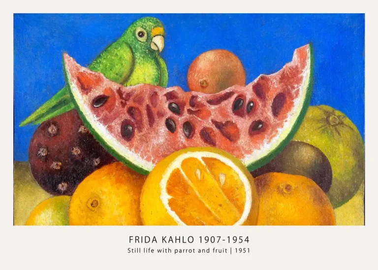 Still Life Parrot Fruit — vibrant green parrot perched behind a sliced watermelon and bright