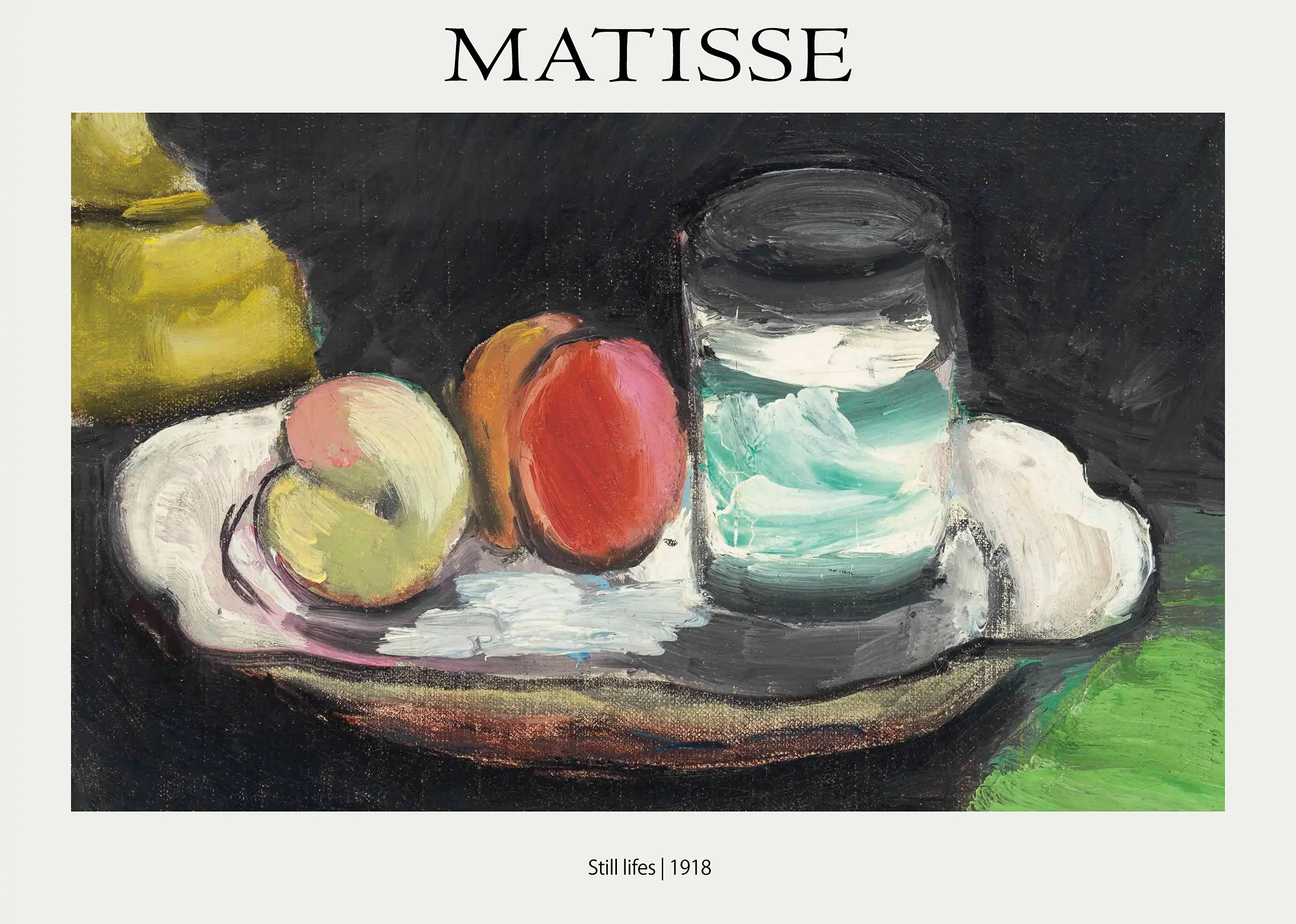 Matisse Still Life 1918. Oil painting showing a glass of water, two peaches, and a tray on a dark black tabletop.