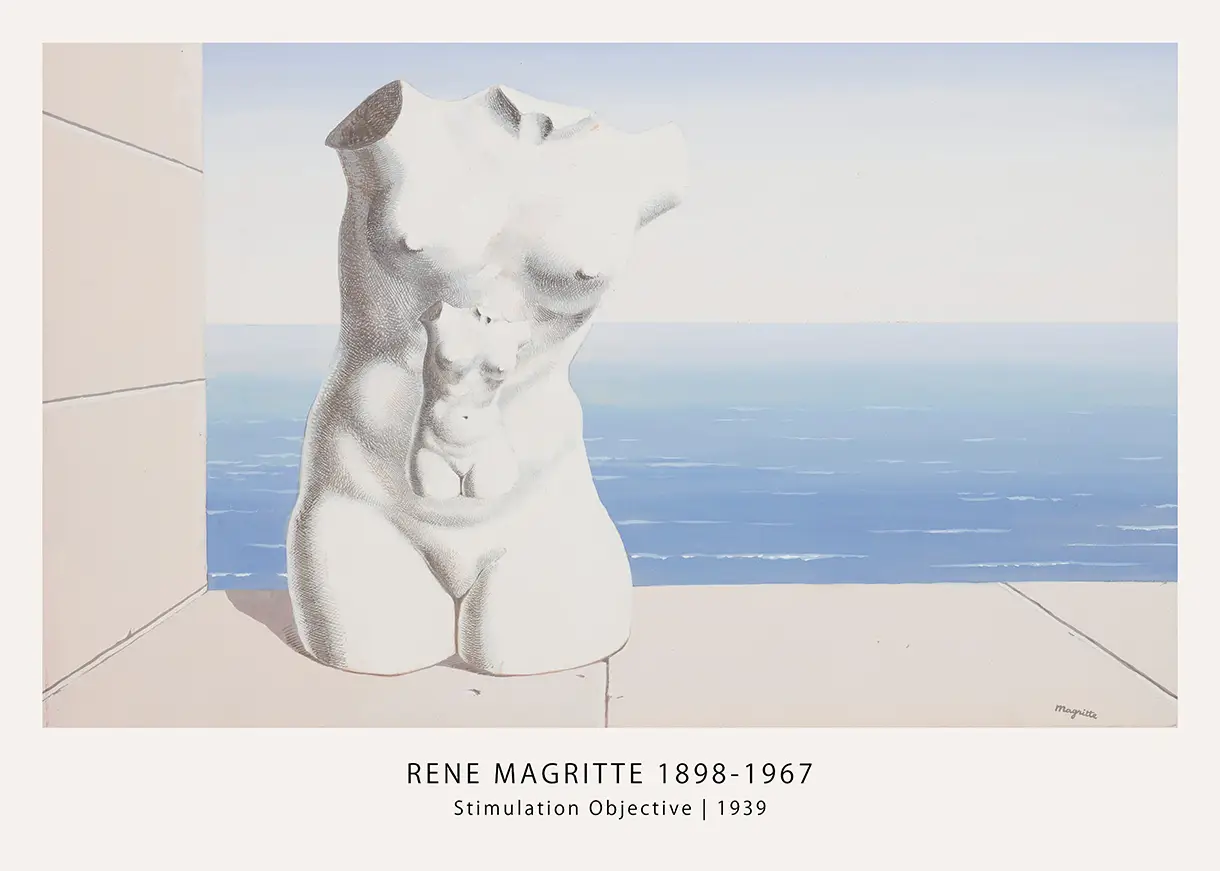 Classic Magritte Stimulation Objective - 1939 Surrealist Fine Art Print Magritte Stimulation Objective Poster Showing A Brown Jug And Green Apple With Miniature Versions On A Ledge By The Sea.