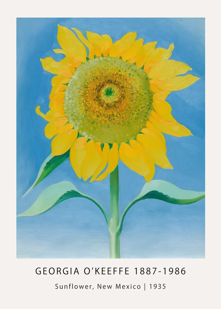 Georgia O'Keeffe sunflower painting featuring a large yellow flower head and green stem against a bright azure blue sky.