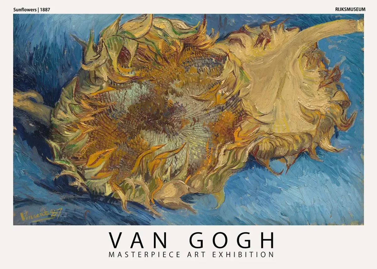 Van Gogh Sunflowers print showing two cut yellow sunflowers on a textured blue background for museum wall decor.