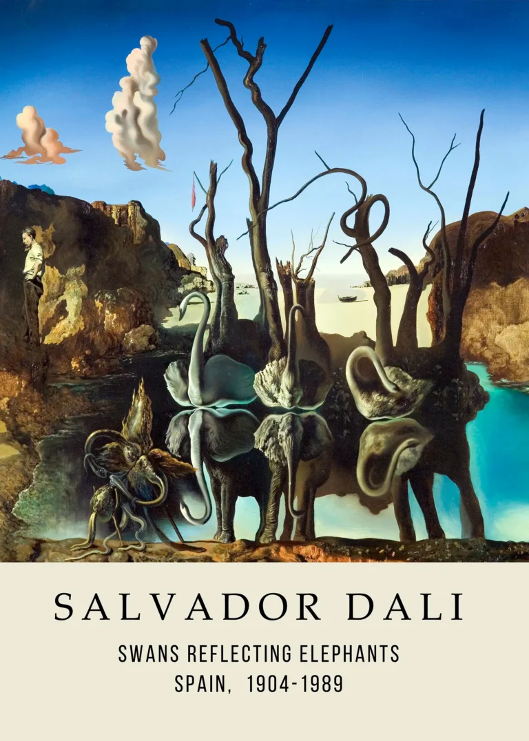 Swans Reflecting Elephants Salvador — surrealist masterpiece featuring three white swans on a lake whose