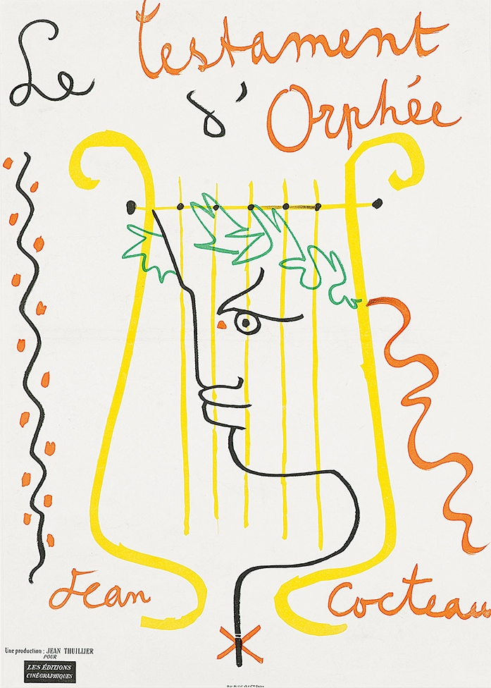 Authentic Testament Of Orpheus Poster - Jean Cocteau Vintage Film Art Testament Of Orpheus Poster Featuring Jean Cocteau Line Art Of A Profile With A Lyre And Green Laurel Wreath On White.