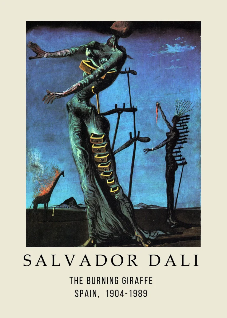 Burning Giraffe Salvador Dali — surreal depiction of a giraffe on fire set against a twilight landscape