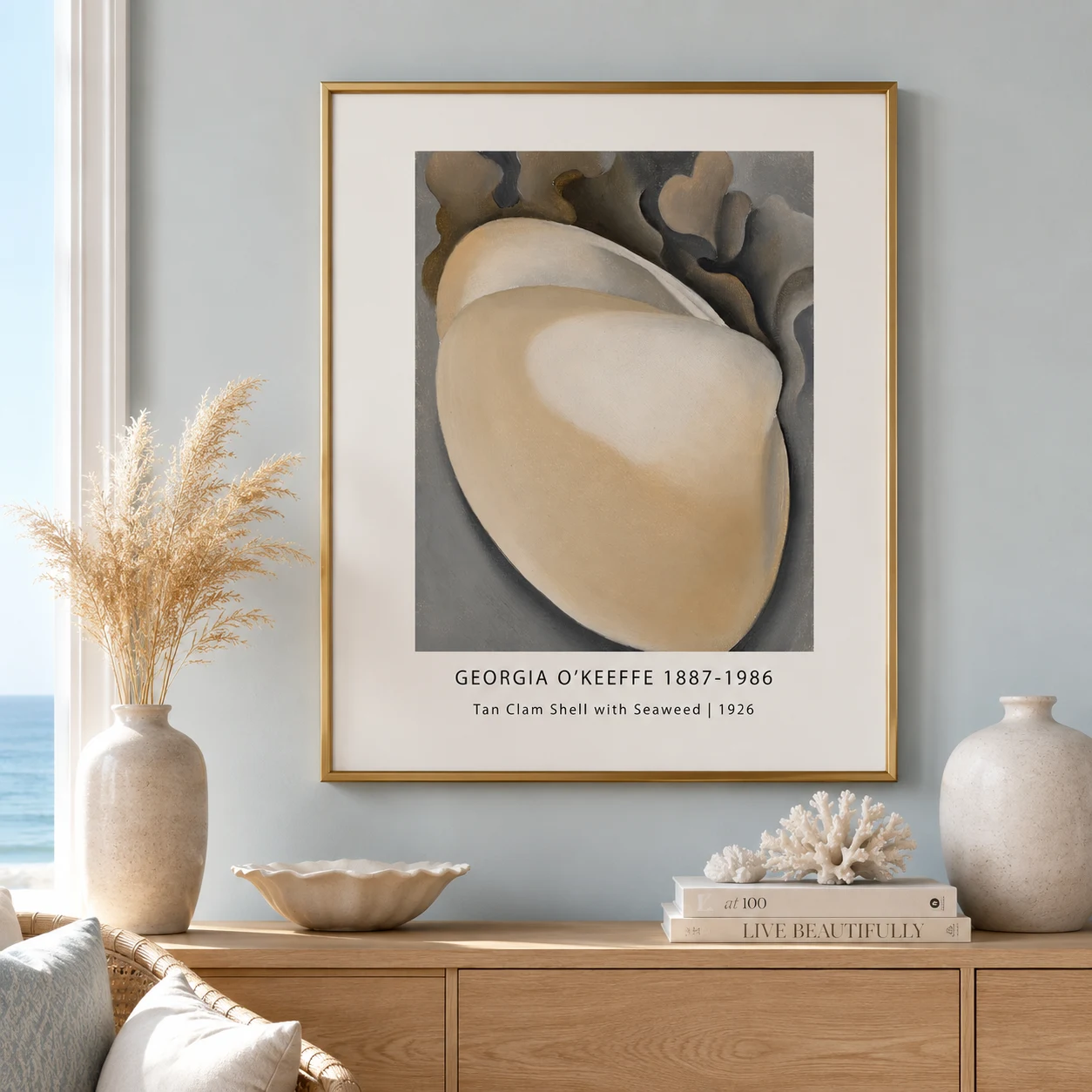Room mockup of Clam Shell Print, O'Keeffe Coastal Seaweed Still Life Art, displayed as framed wall art in a kitchen setting as a portrait print with brown tones.