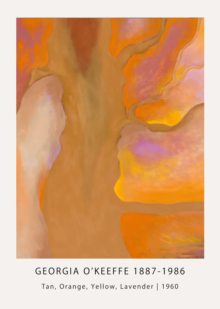 Georgia O'Keeffe print showing 1960 abstract organic shapes in tan, orange, yellow, and lavender on a white border.