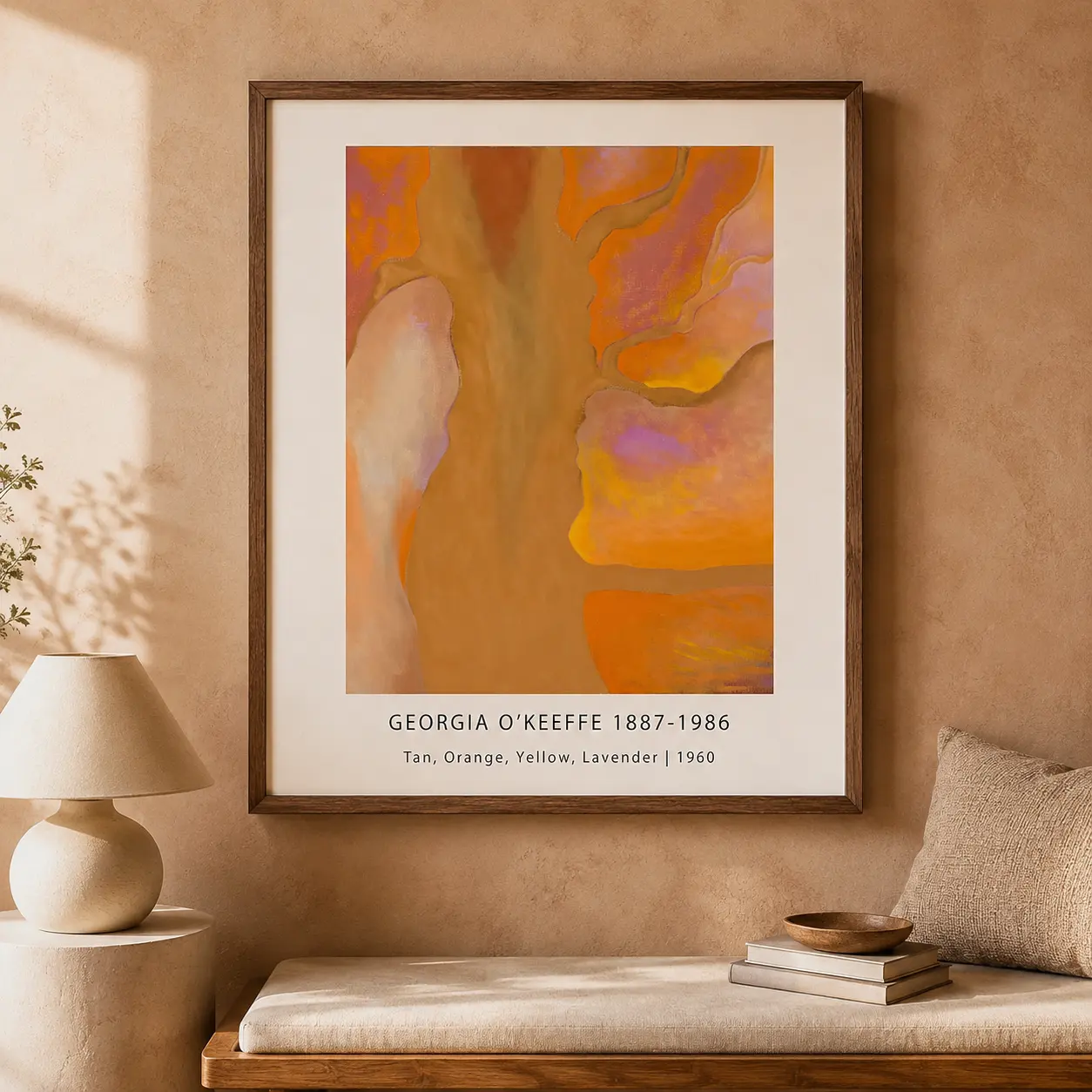 Room mockup of Tan Orange Yellow Print, O'Keeffe Lavender Abstract Art, displayed as framed wall art in a bedroom setting as a portrait print with yellow, orange, and pink tones.