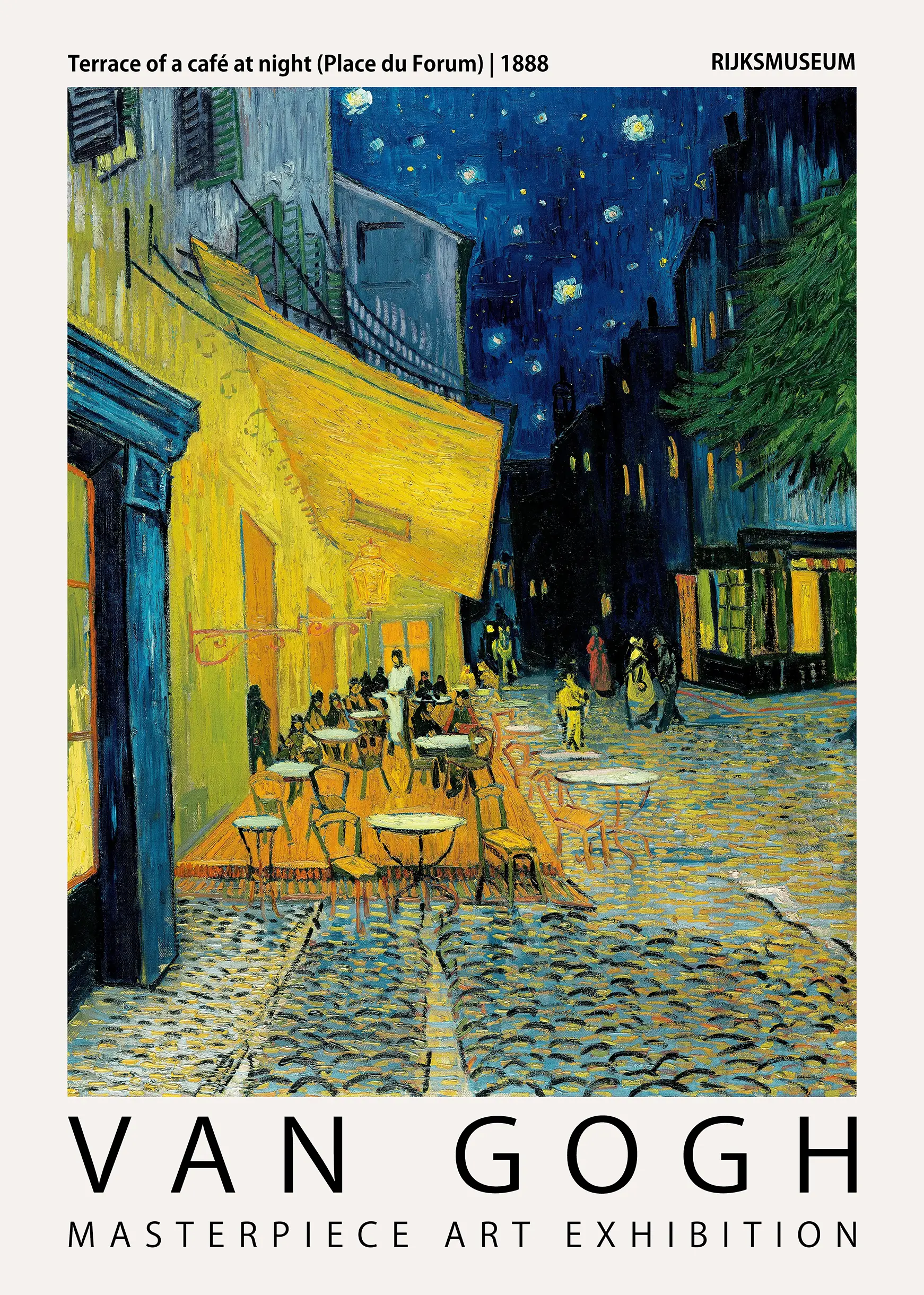 Authentic Van Gogh Cafe Terrace Print - 1888 Arles Exhibition Poster Van Gogh Cafe Terrace Print Showing A Yellow Gas-Lit Cafe Under A Blue Starry Sky In 1888 Arles.