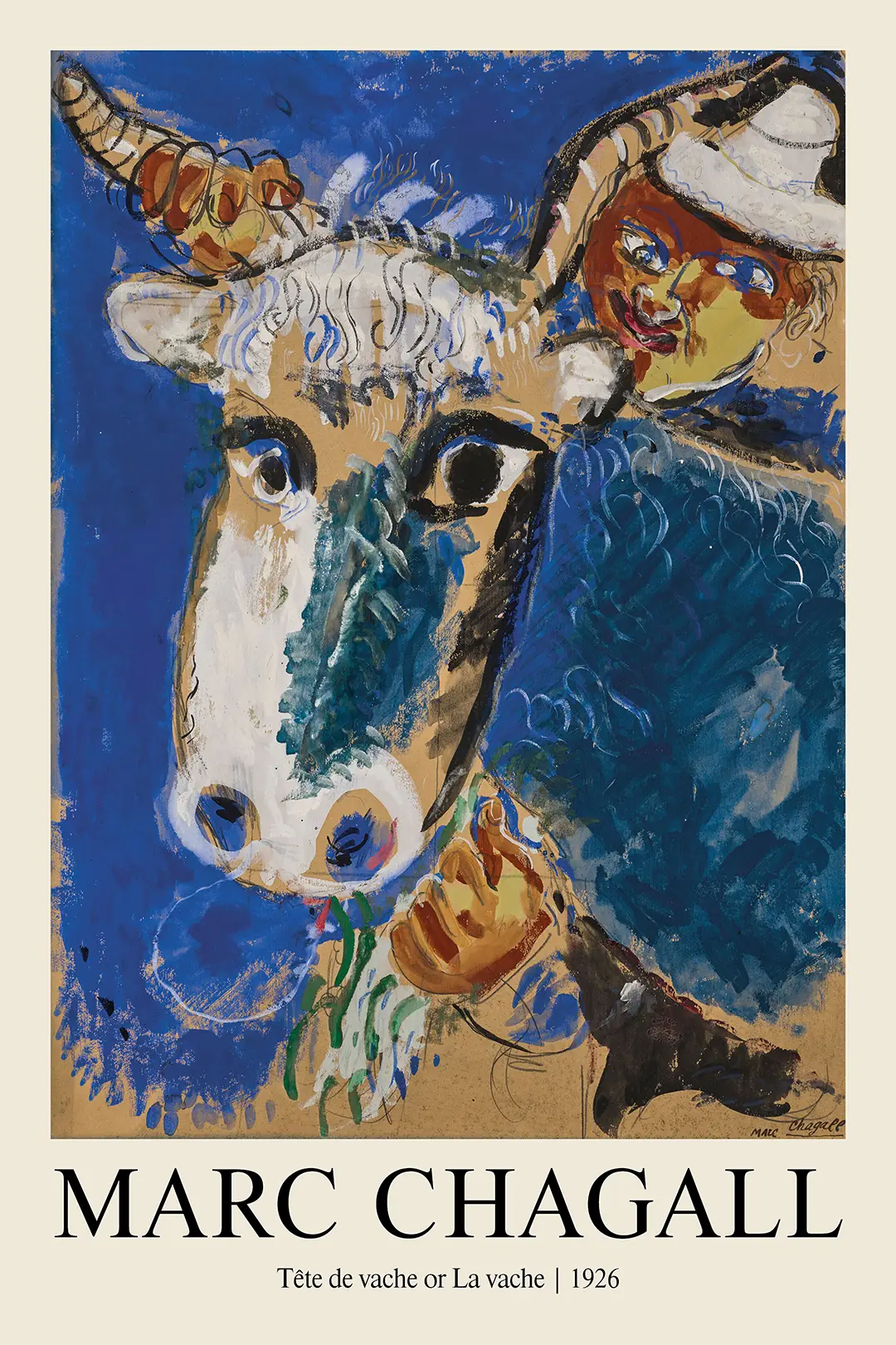 Classic Marc Chagall Cow Print - Tête De Vache 1926 Surrealist Wall Art Marc Chagall Cow Print Featuring A 1926 Surrealist Painting Of A Cow Head And Human Face On A Blue Background.