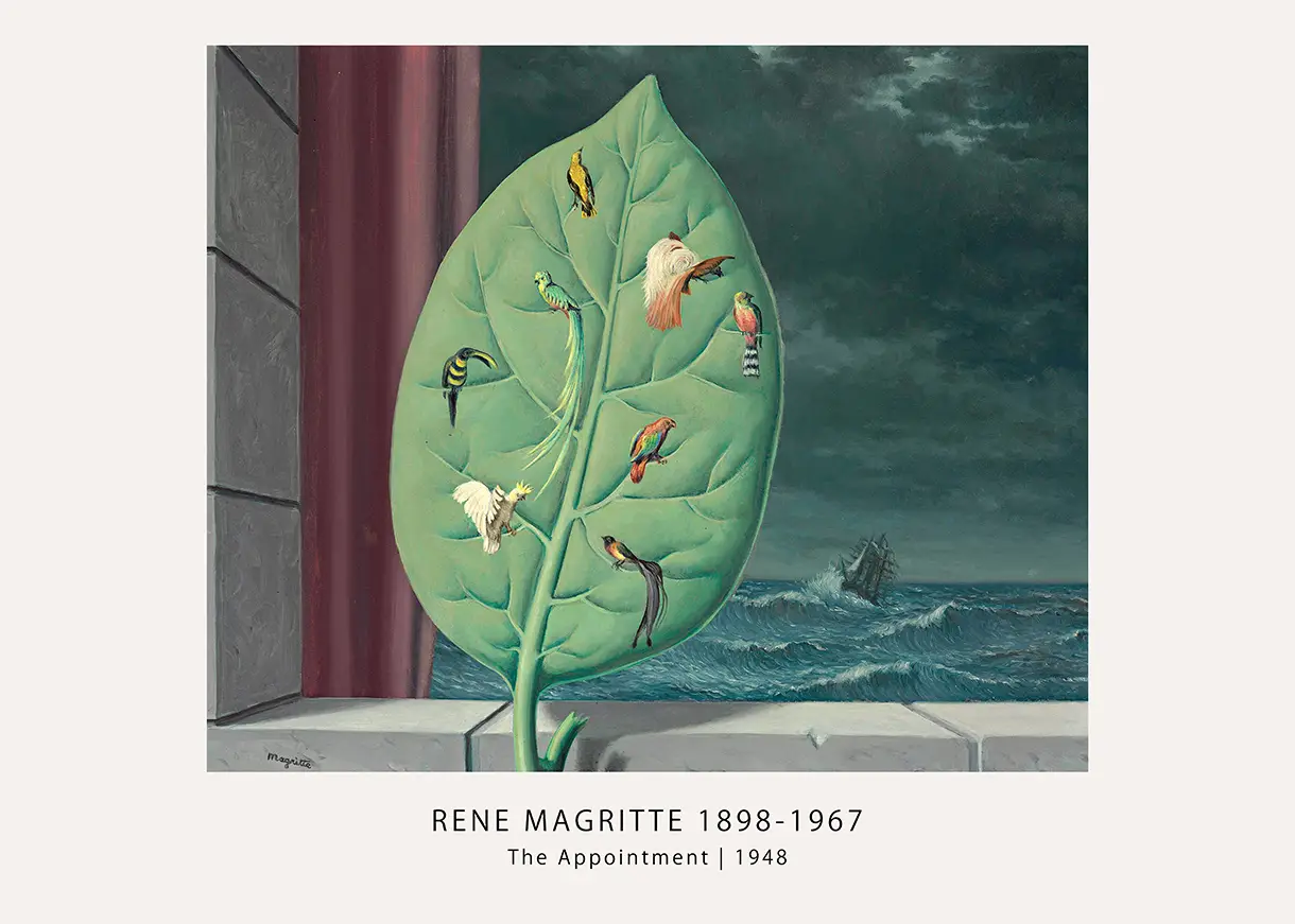 Classic Magritte Appointment Print - 1948 Surrealist Fine Art Poster Magritte Appointment Print Showing Colorful Birds On A Large Green Leaf With A Stormy Ocean And Ship In The Background.