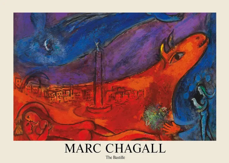 Marc Chagall Bastille Paris — vibrant surrealist scene featuring a red bull, the July Column at Place