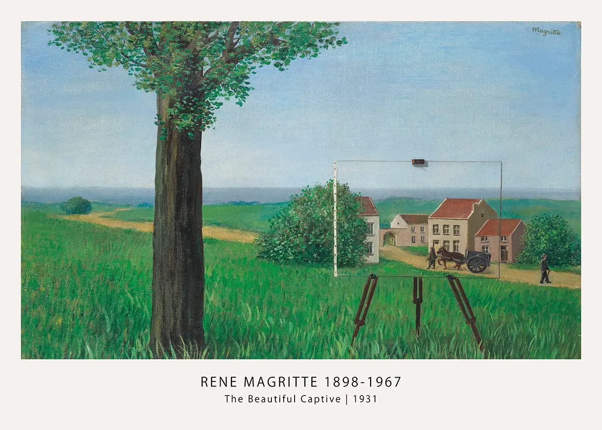 Exclusive Rene Magritte Print - The Beautiful Captive 1931 Wall Art Rene Magritte Print Showing The Beautiful Captive 1931 Painting With An Easel Blending Into A Rural Village Scene.